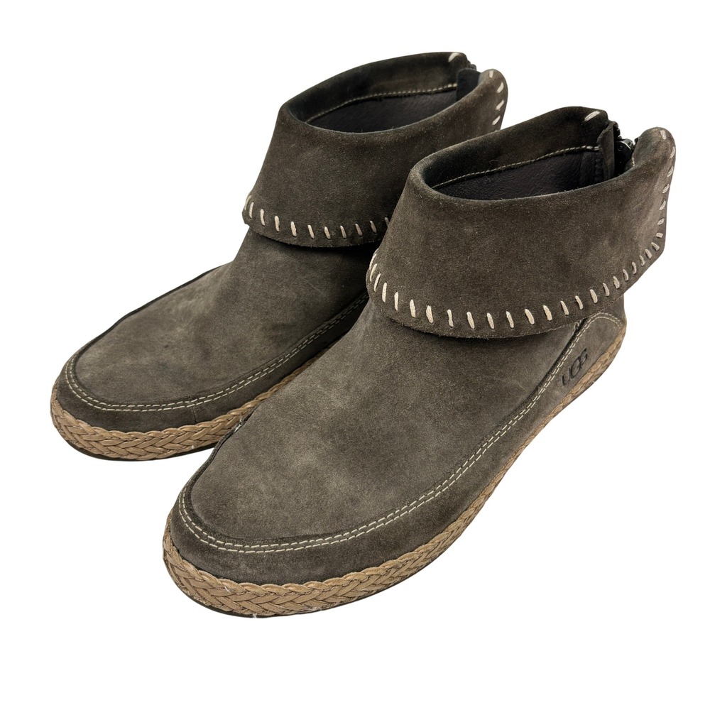 UGG Suede Ankle Boots Womens 7 Brown Back Zip Moccasins Braided Trim Casual Boho